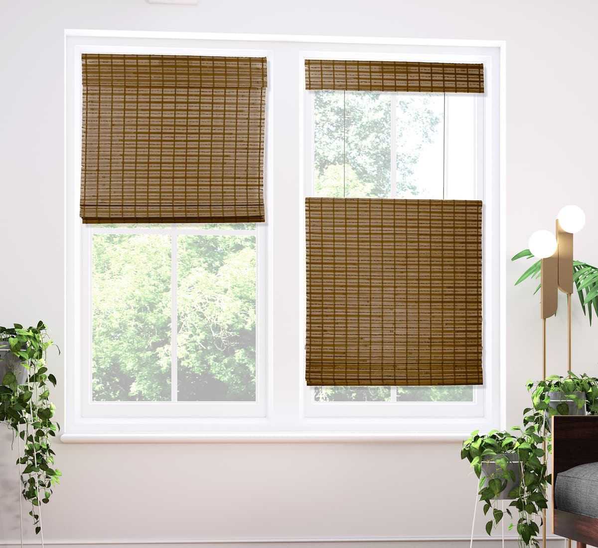 Two windows with woven shades. Left: a regular shade raised from the bottom, so the view is open at eye level. Right: a top-down bottom-up shade lowered from the top, so sky shows above and the lower window stays covered.